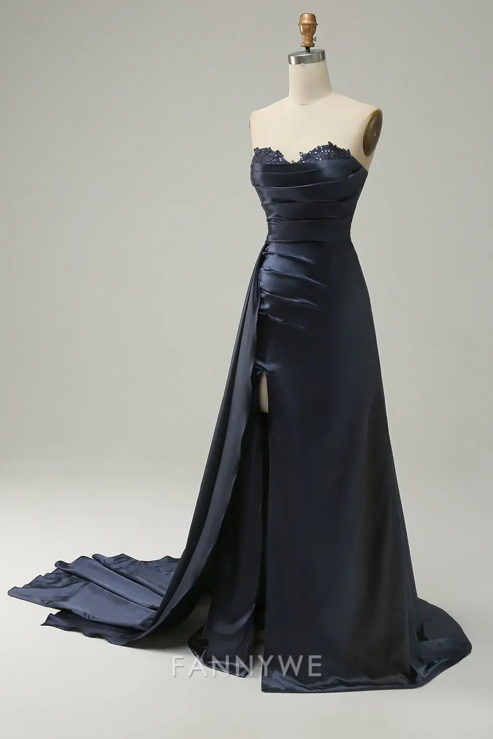 FannyWe Elegant Navy Strapless Sweetheart Long Prom Dress with Split formal wear dresses