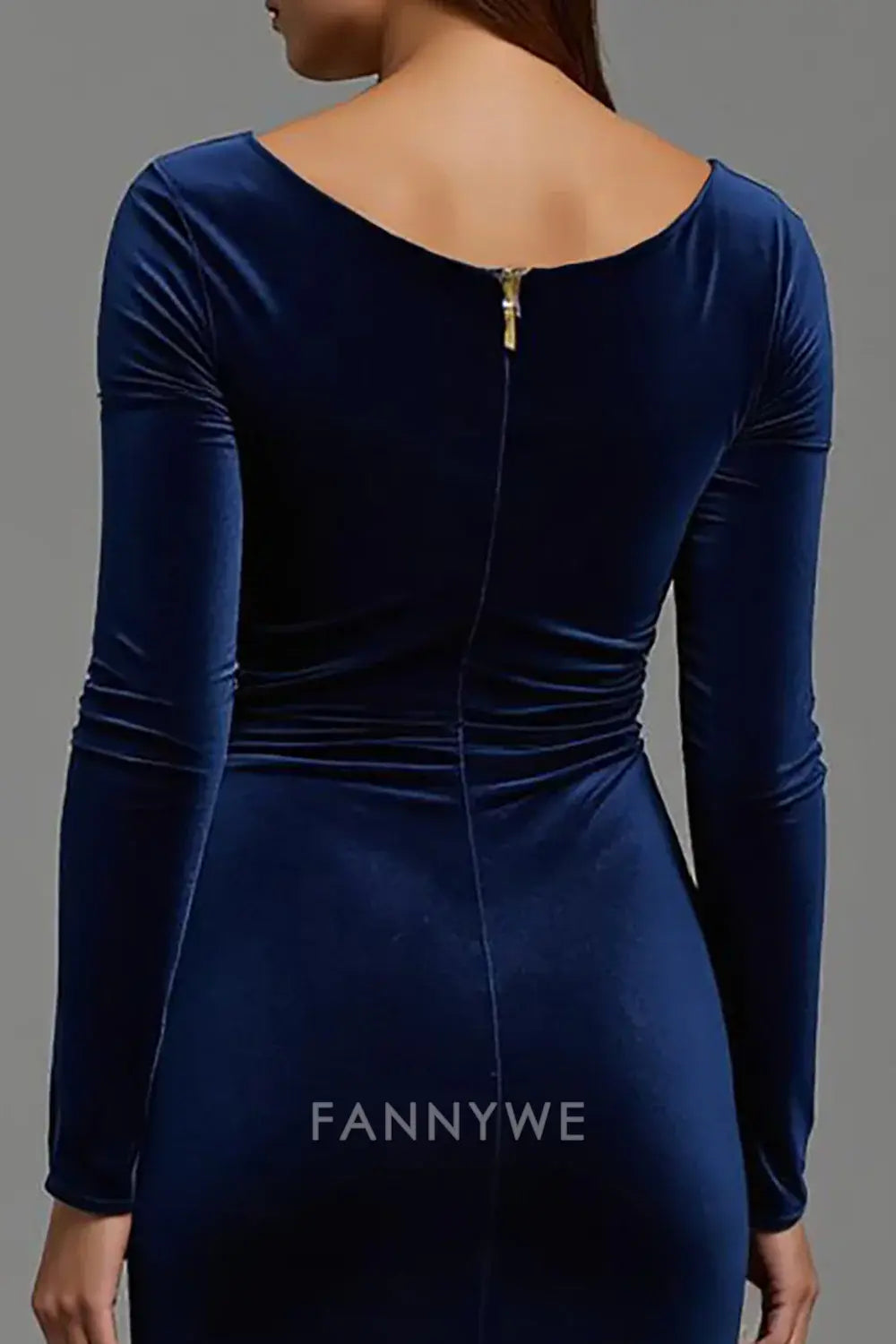 FannyWe Elegant Navy Velvet Boat Neck Sheath Long Holiday Party Dress with Sleeves