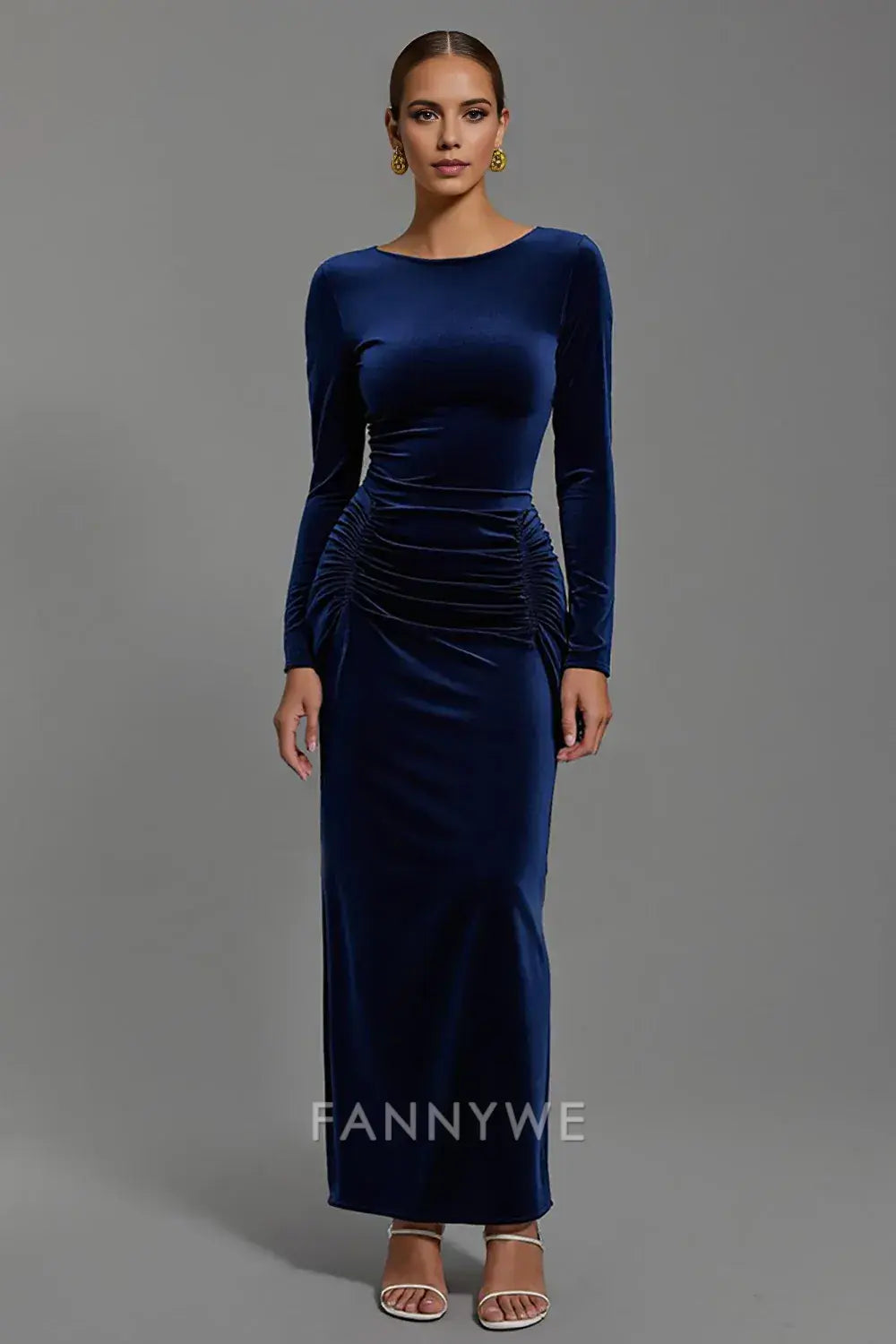 FannyWe Elegant Navy Velvet Boat Neck Sheath Long Holiday Party Dress with Sleeves