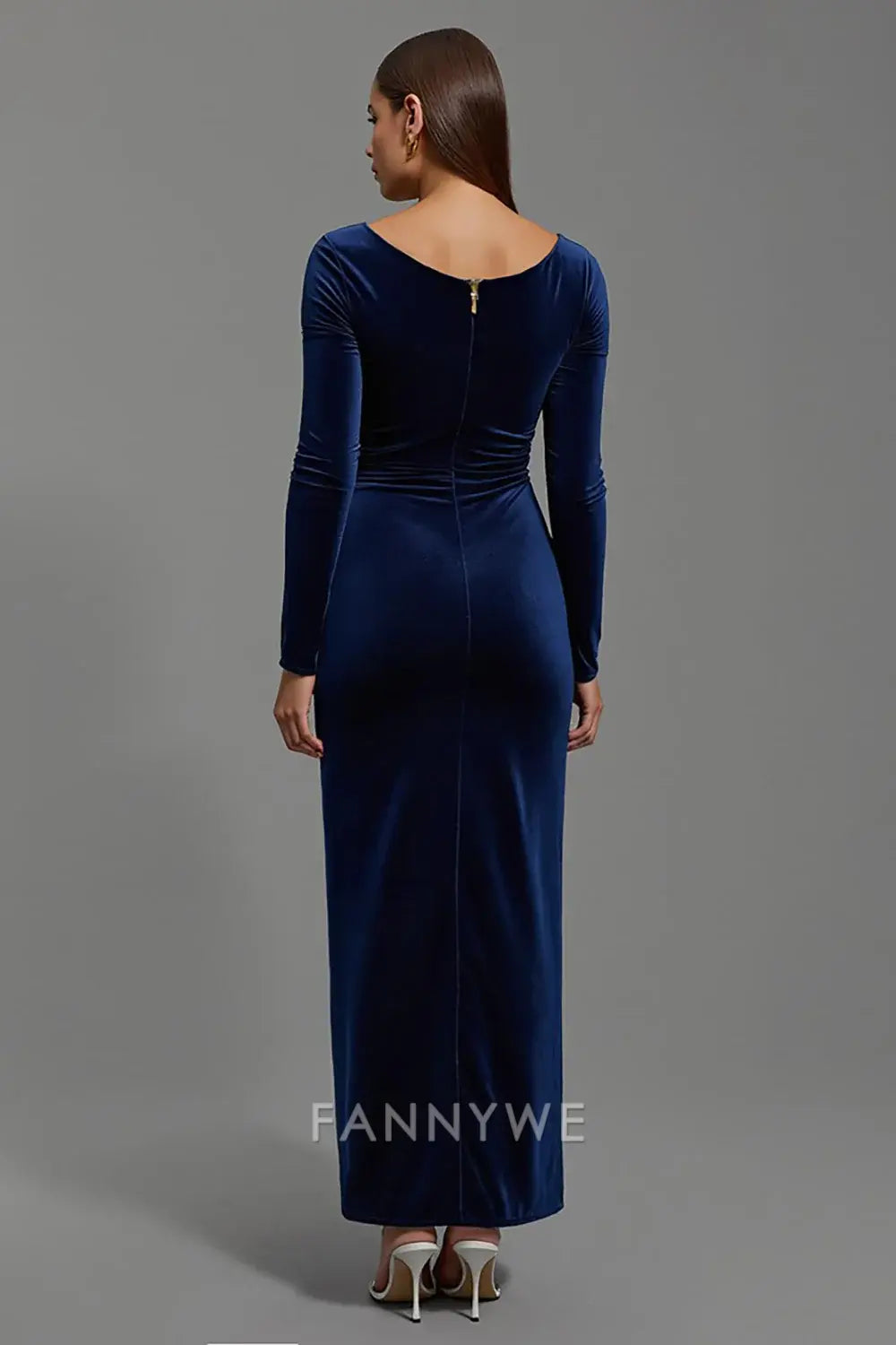 FannyWe Elegant Navy Velvet Boat Neck Sheath Long Holiday Party Dress with Sleeves