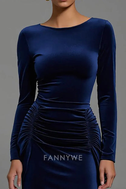FannyWe Elegant Navy Velvet Boat Neck Sheath Long Holiday Party Dress with Sleeves