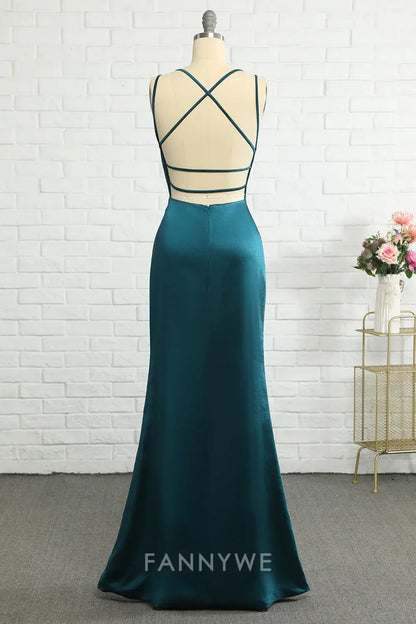 FannyWe Elegant Peacock Blue Mermaid Backless Long Prom Dress formal wear dresses