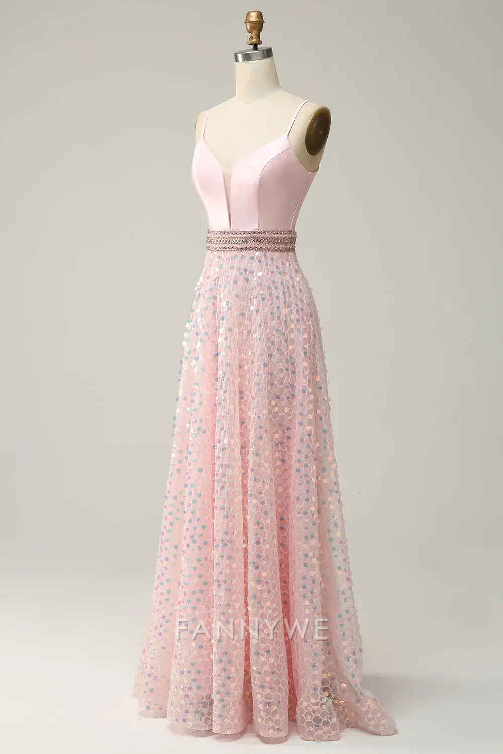 FannyWe Elegant Pink Sequin Spaghetti Straps Prom Dress With Criss Cross Back formal wear dresses