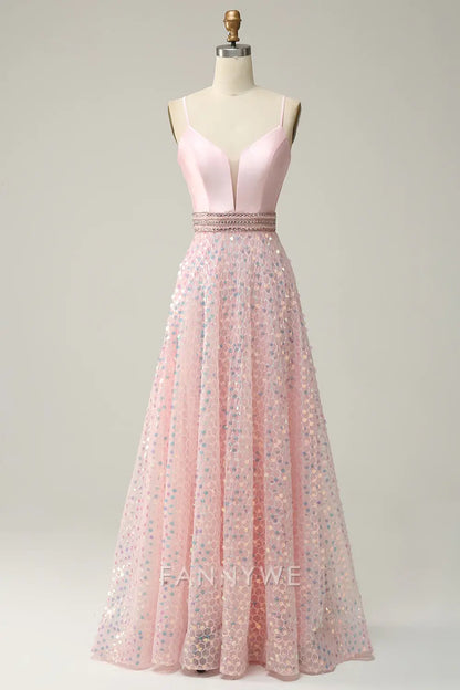 FannyWe Elegant Pink Sequin Spaghetti Straps Prom Dress With Criss Cross Back formal wear dresses