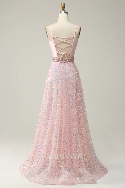 FannyWe Elegant Pink Sequin Spaghetti Straps Prom Dress With Criss Cross Back formal wear dresses
