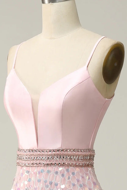 FannyWe Elegant Pink Sequin Spaghetti Straps Prom Dress With Criss Cross Back formal wear dresses