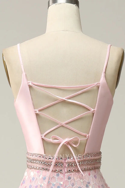 FannyWe Elegant Pink Sequin Spaghetti Straps Prom Dress With Criss Cross Back formal wear dresses