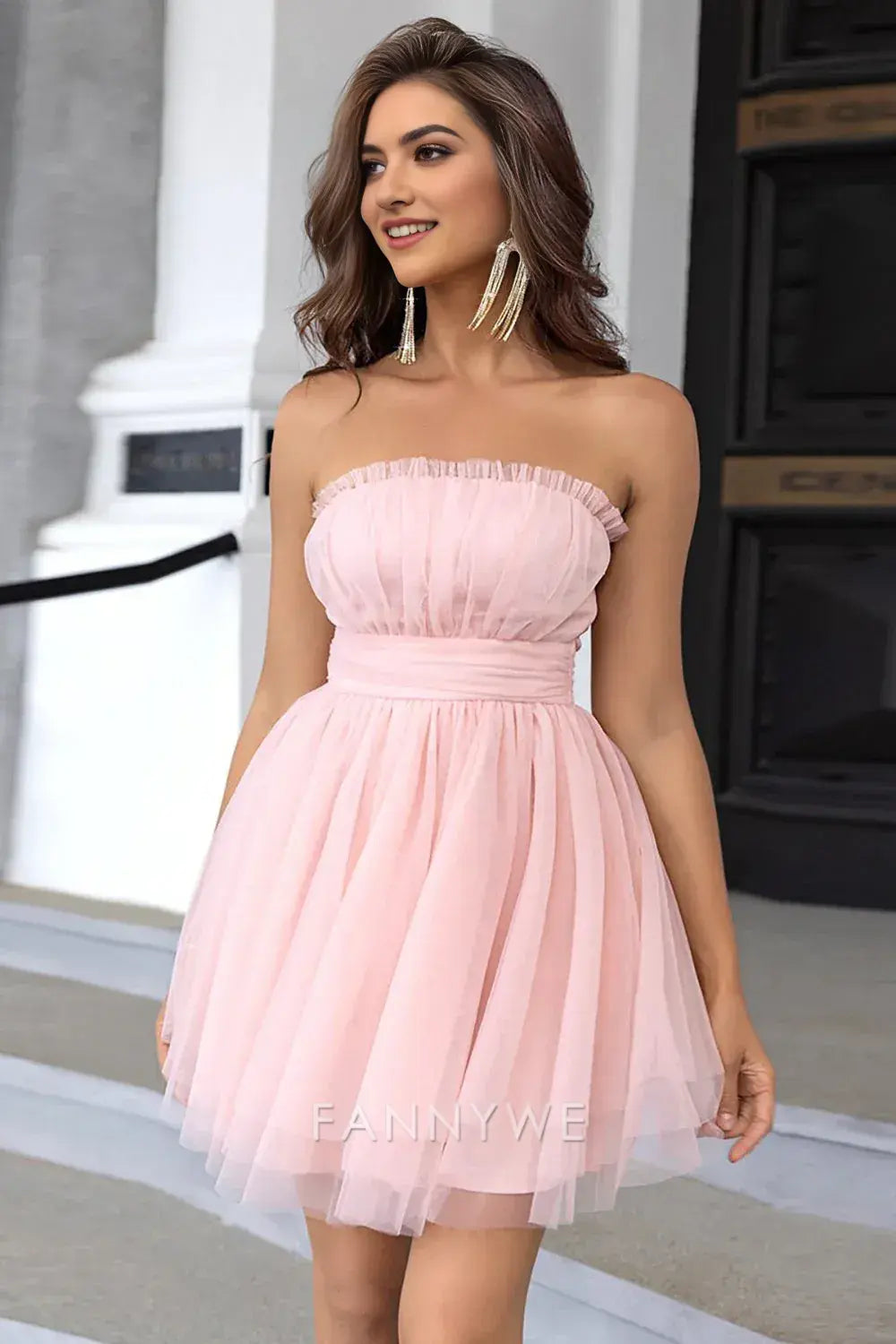 FannyWe Elegant Pink Strapless A Line Tulle Short Homecoming Dress formal wear dresses