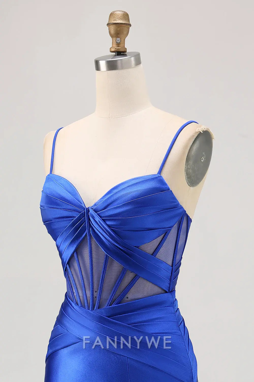 FannyWe Elegant Royal Blue Satin Tight Ruched Corset Short Homecoming Dress with Slit formal wear dresses