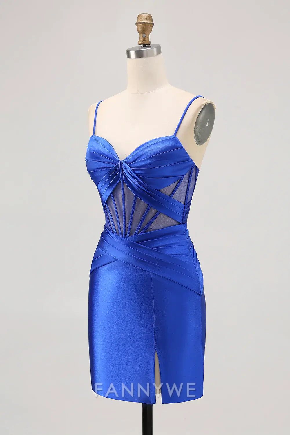 FannyWe Elegant Royal Blue Satin Tight Ruched Corset Short Homecoming Dress with Slit formal wear dresses