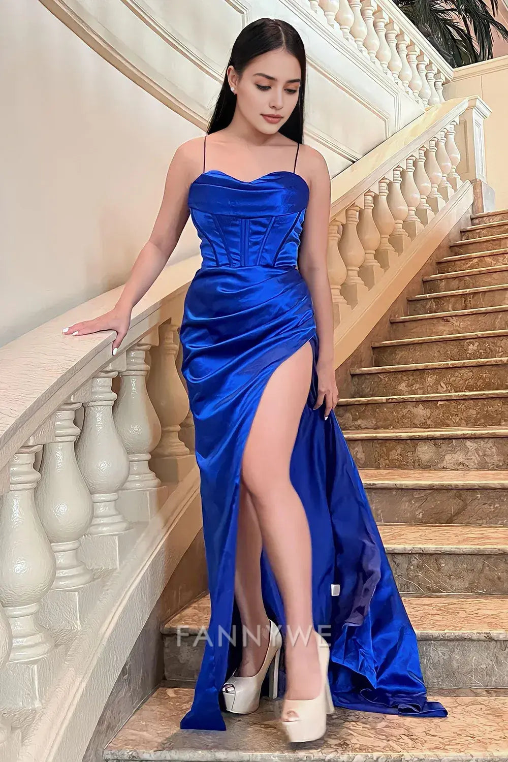 FannyWe Elegant Royal Blue Spaghetti Straps Mermaid Prom Dress with Slit formal wear dresses