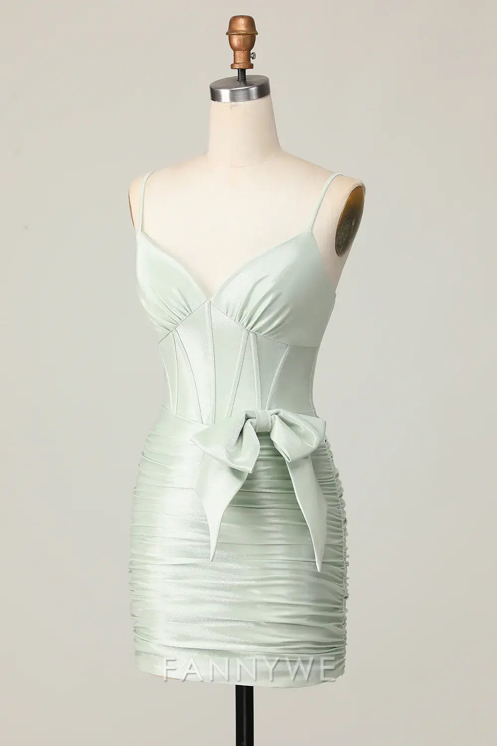 FannyWe Elegant Sage Spaghetti Straps Corset Short Homecoming Dress with Bow formal wear dresses