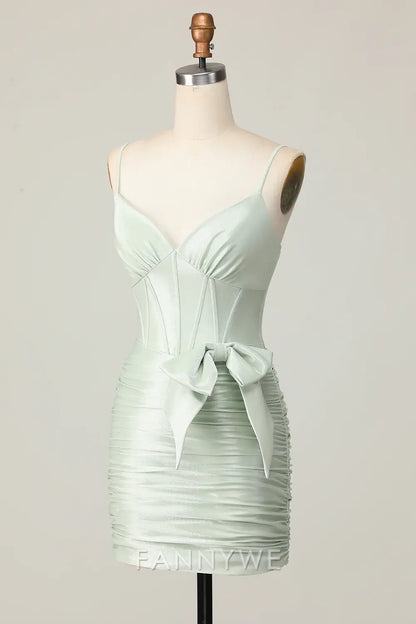 FannyWe Elegant Sage Spaghetti Straps Corset Short Homecoming Dress with Bow formal wear dresses