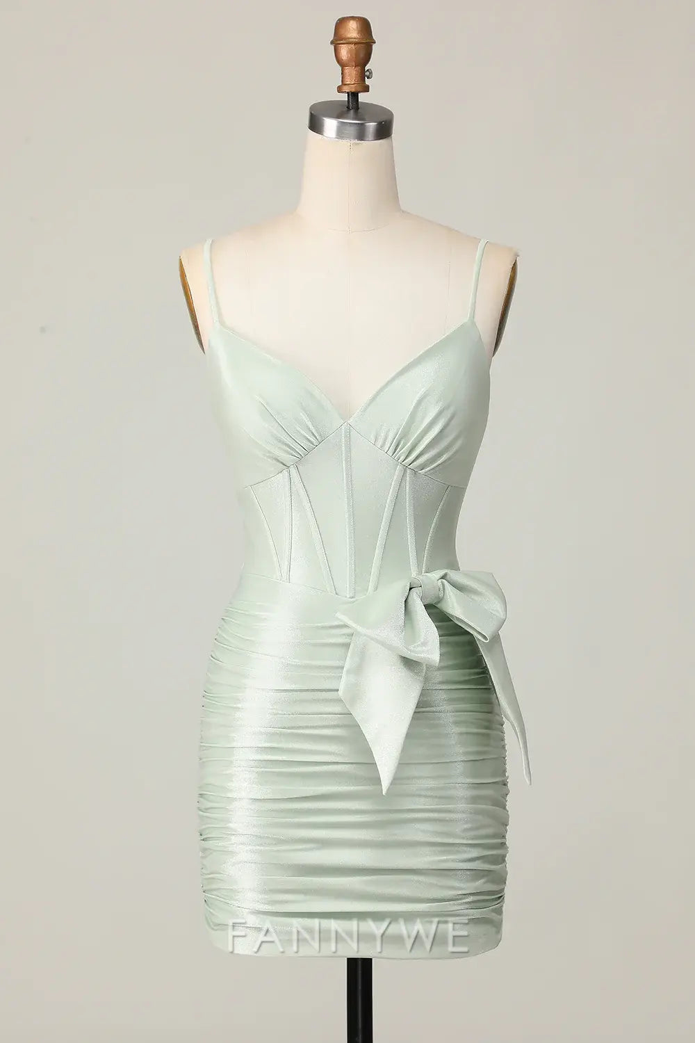 FannyWe Elegant Sage Spaghetti Straps Corset Short Homecoming Dress with Bow formal wear dresses