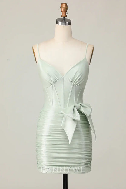 FannyWe Elegant Sage Spaghetti Straps Corset Short Homecoming Dress with Bow formal wear dresses