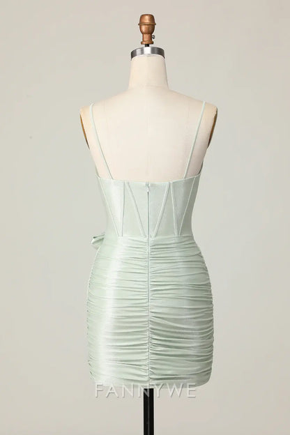 FannyWe Elegant Sage Spaghetti Straps Corset Short Homecoming Dress with Bow formal wear dresses