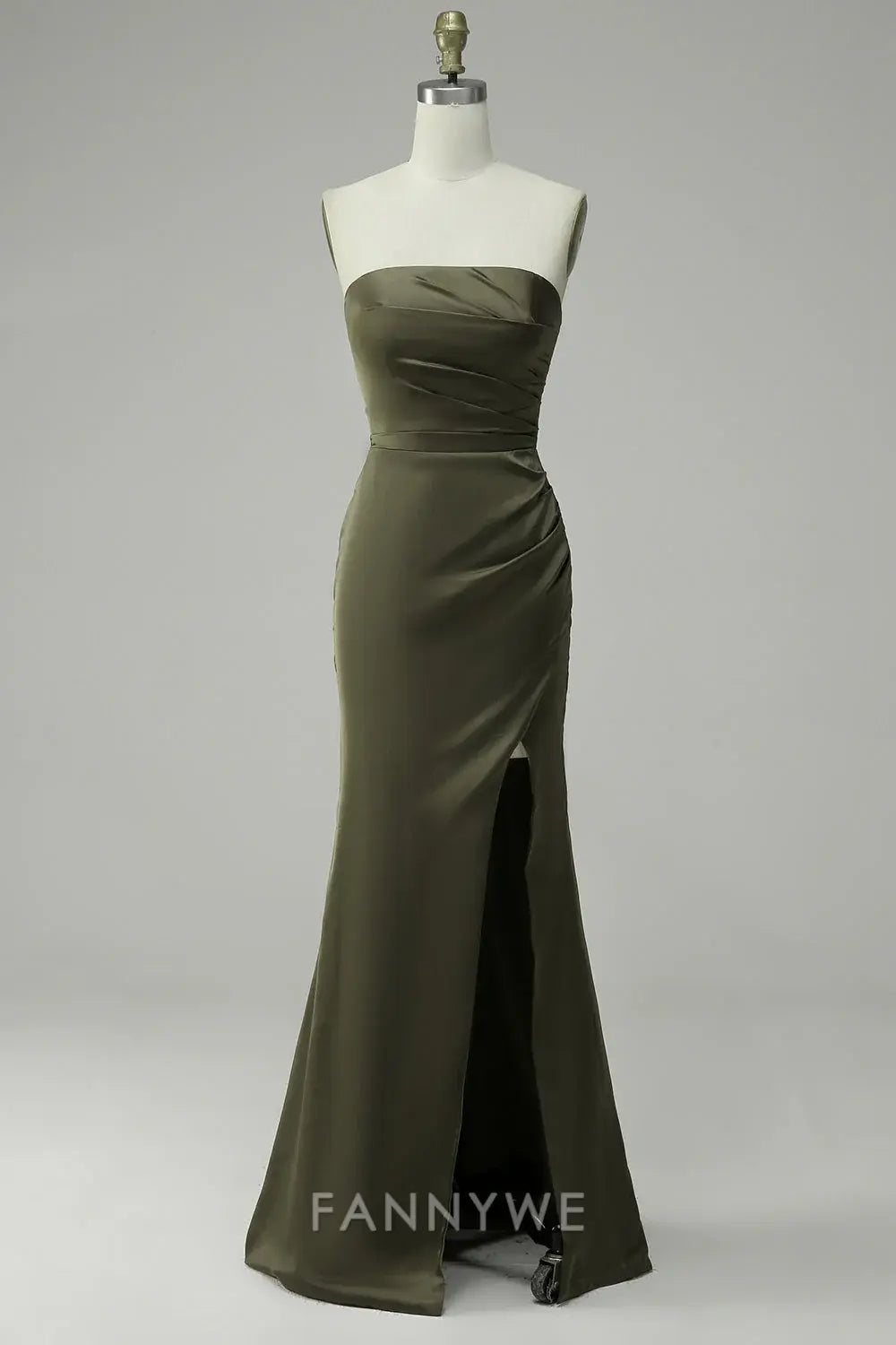 FannyWe Elegant Satin Strapless Dress: Ruched Detailing & High - Slit Design formal wear dresses