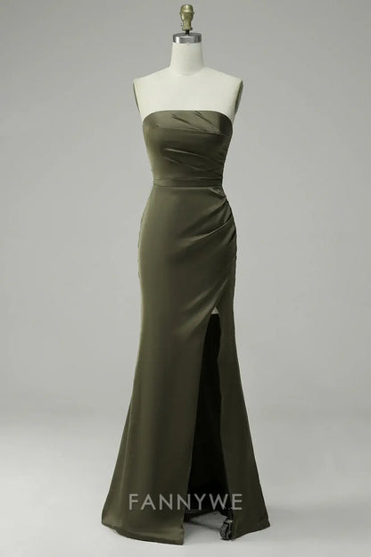 FannyWe Elegant Satin Strapless Dress: Ruched Detailing & High - Slit Design formal wear dresses