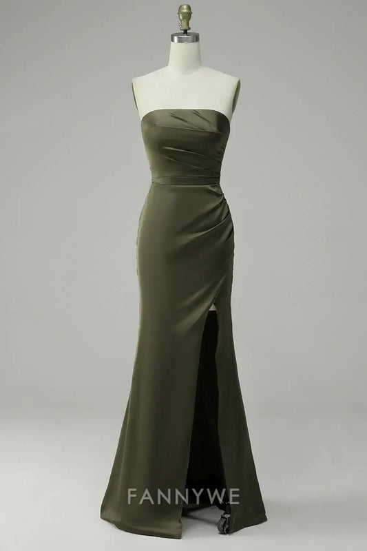 FannyWe Elegant Satin Strapless Dress: Ruched Detailing & High - Slit Design formal wear dresses