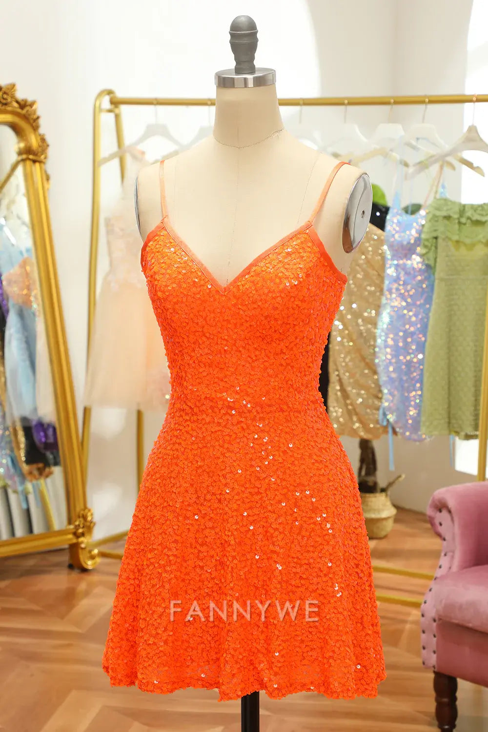 FannyWe Elegant Sequined Orange Lace-Up Homecoming Dress formal wear dresses