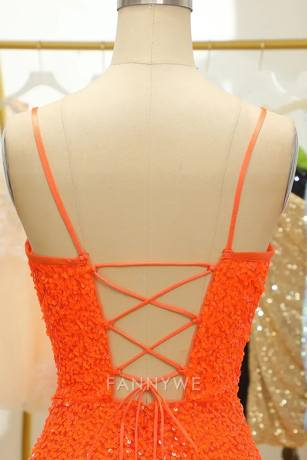 FannyWe Elegant Sequined Orange Lace-Up Homecoming Dress formal wear dresses