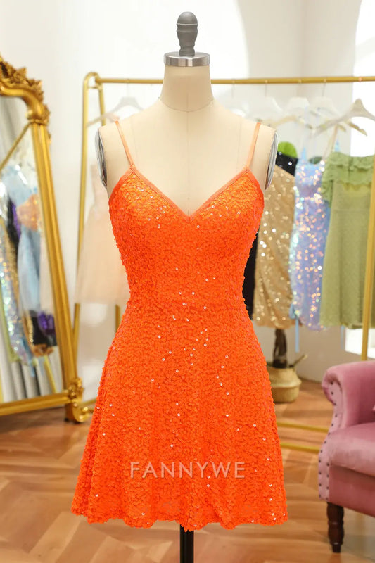 FannyWe Elegant Sequined Orange Lace-Up Homecoming Dress formal wear dresses