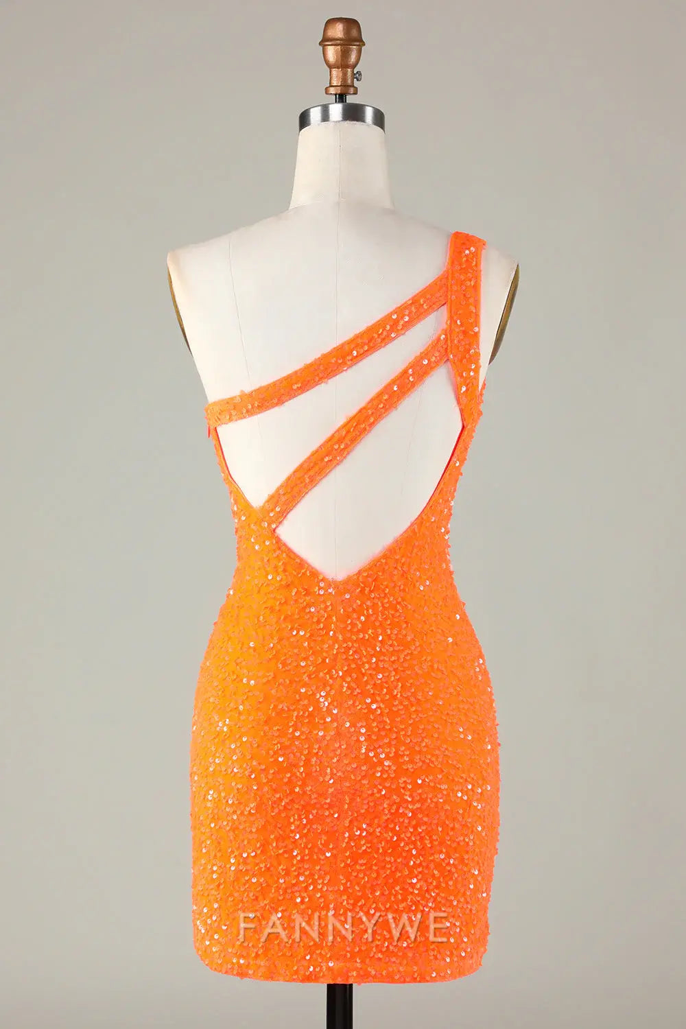 FannyWe Elegant Sequins One-Shoulder Orange Tight Beading Short Homecoming Dress formal wear dresses