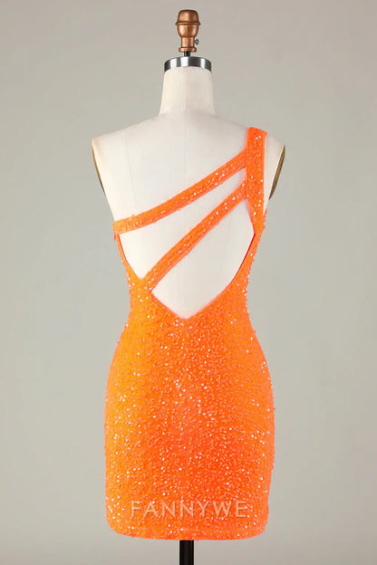 FannyWe Elegant Sequins One-Shoulder Orange Tight Beading Short Homecoming Dress formal wear dresses