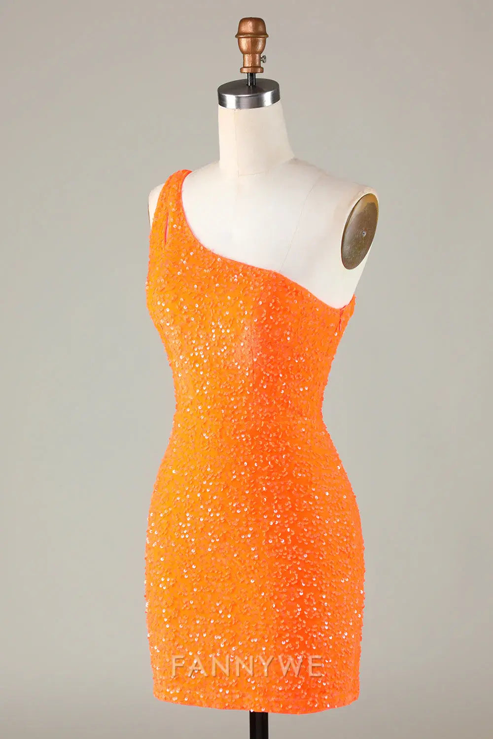 FannyWe Elegant Sequins One-Shoulder Orange Tight Beading Short Homecoming Dress formal wear dresses