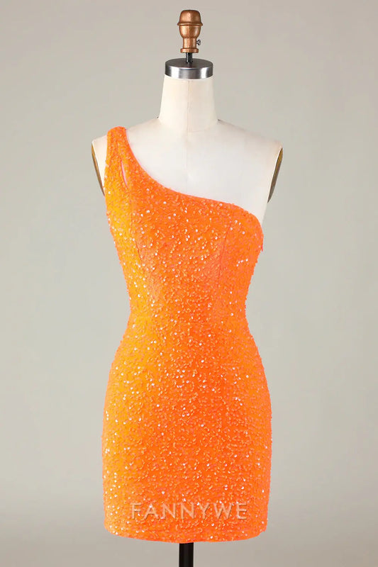 FannyWe Elegant Sequins One-Shoulder Orange Tight Beading Short Homecoming Dress formal wear dresses