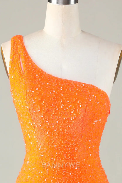 FannyWe Elegant Sequins One-Shoulder Orange Tight Beading Short Homecoming Dress formal wear dresses