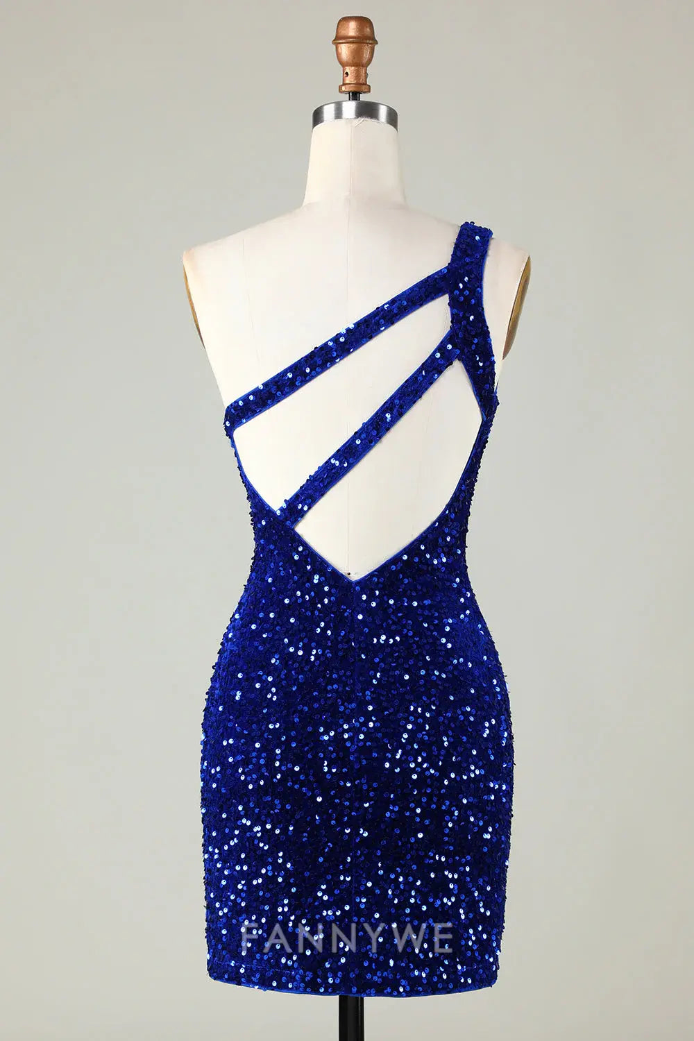 FannyWe Elegant Sequins One-Shoulder Royal Blue Tight Beading Short Homecoming Dress formal wear dresses