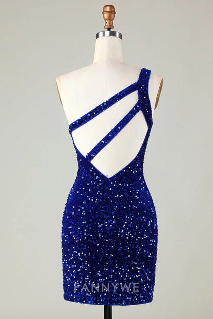 FannyWe Elegant Sequins One-Shoulder Royal Blue Tight Beading Short Homecoming Dress formal wear dresses