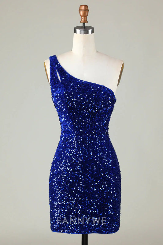 FannyWe Elegant Sequins One-Shoulder Royal Blue Tight Beading Short Homecoming Dress formal wear dresses