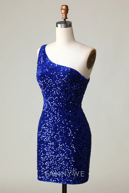FannyWe Elegant Sequins One-Shoulder Royal Blue Tight Beading Short Homecoming Dress formal wear dresses