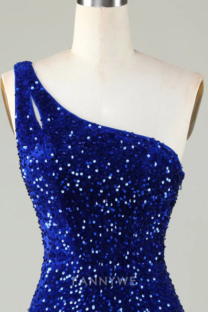 FannyWe Elegant Sequins One-Shoulder Royal Blue Tight Beading Short Homecoming Dress formal wear dresses