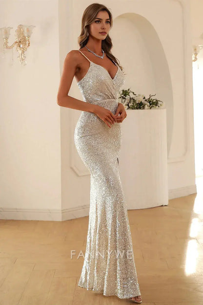 FannyWe Elegant Silver Sequin Dress with Deep V and Thigh - High Slit formal wear dresses