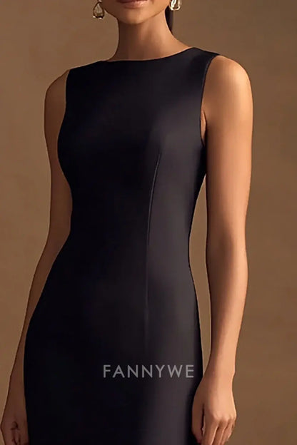 FannyWe Elegant Simple Black Satin Boat Neck Long Sheath Evening Dress