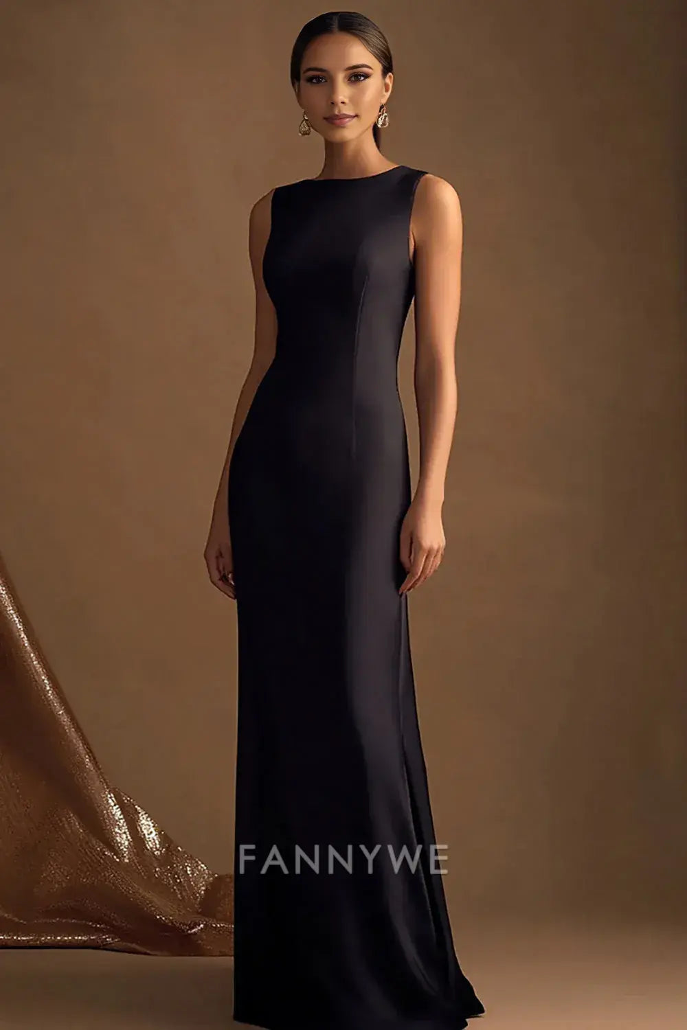 FannyWe Elegant Simple Black Satin Boat Neck Long Sheath Evening Dress