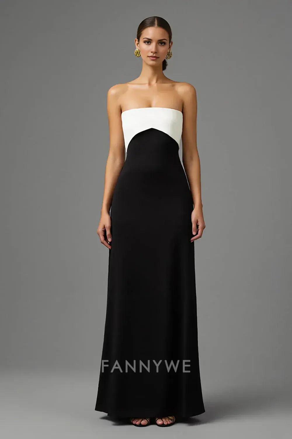 FannyWe Elegant Simple Black and White Sheath Strapless Long Formal Dress with Bow formal wear dresses