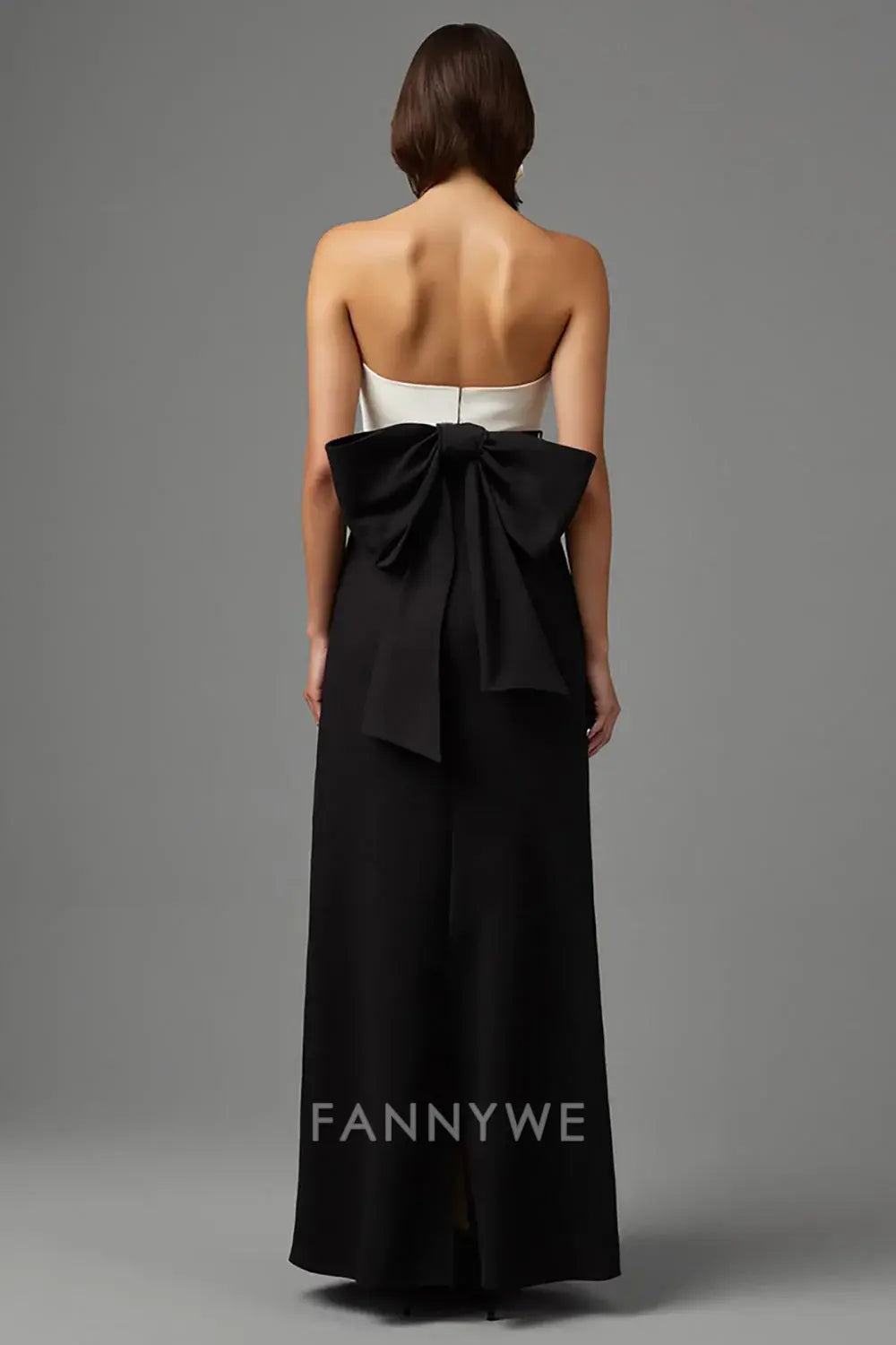 FannyWe Elegant Simple Black and White Sheath Strapless Long Formal Dress with Bow formal wear dresses