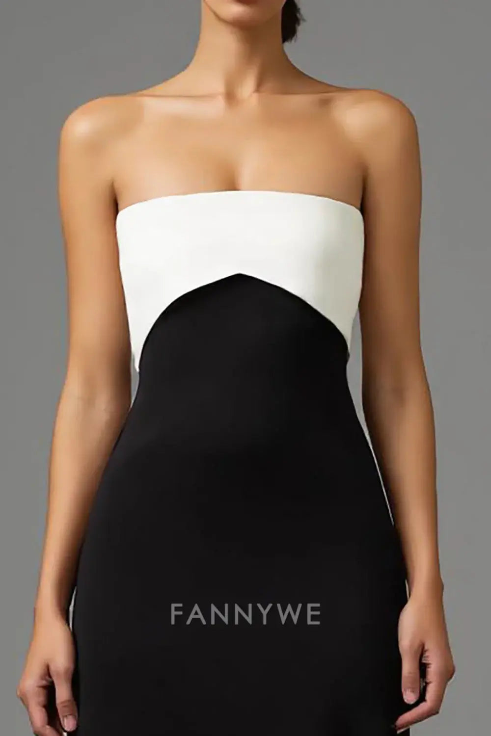 FannyWe Elegant Simple Black and White Sheath Strapless Long Formal Dress with Bow formal wear dresses