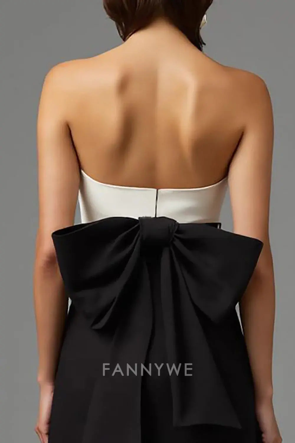 FannyWe Elegant Simple Black and White Sheath Strapless Long Formal Dress with Bow formal wear dresses