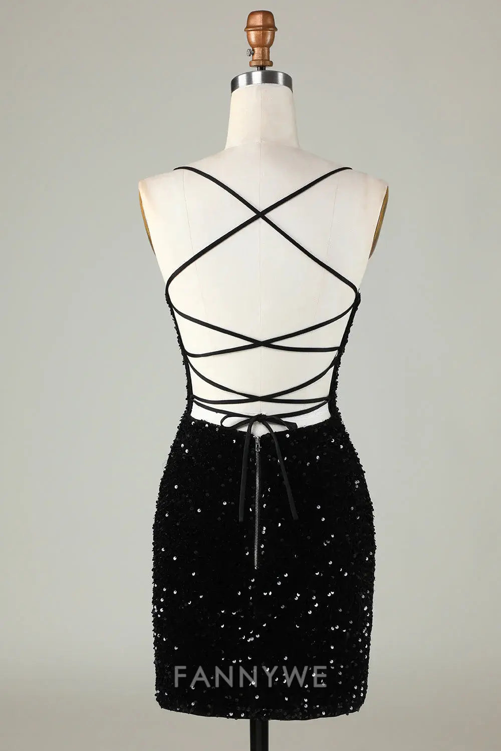 FannyWe Elegant Spaghetti Straps Black Sequin Bodycon Homecoming Dress With Criss Cross Back formal wear dresses