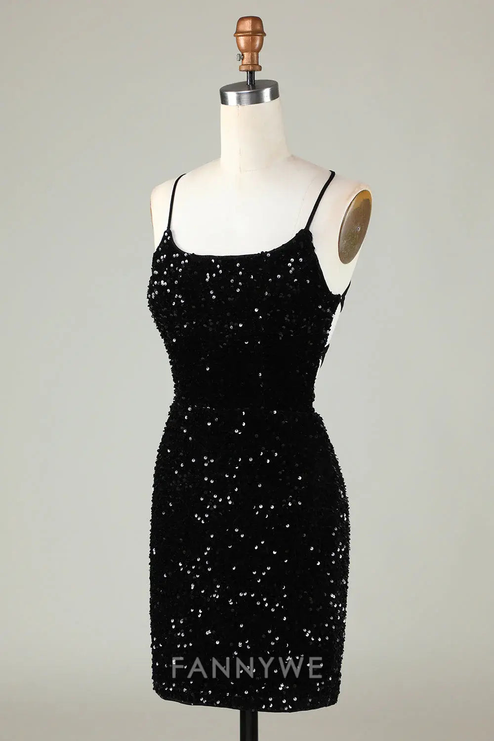 FannyWe Elegant Spaghetti Straps Black Sequin Bodycon Homecoming Dress With Criss Cross Back formal wear dresses