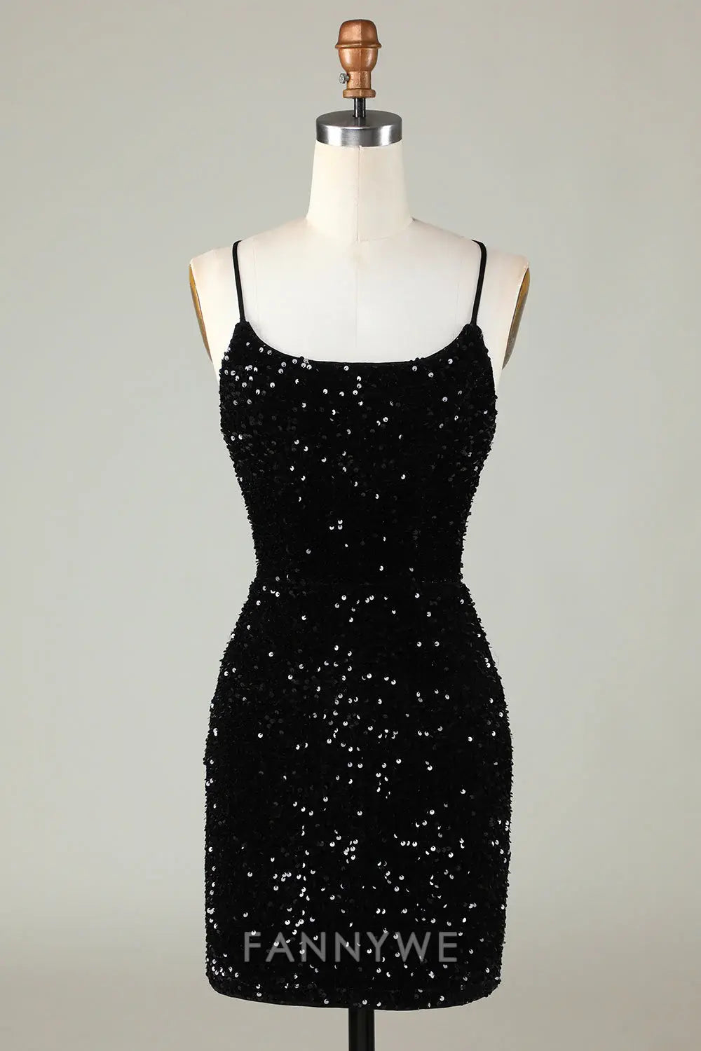 FannyWe Elegant Spaghetti Straps Black Sequin Bodycon Homecoming Dress With Criss Cross Back formal wear dresses