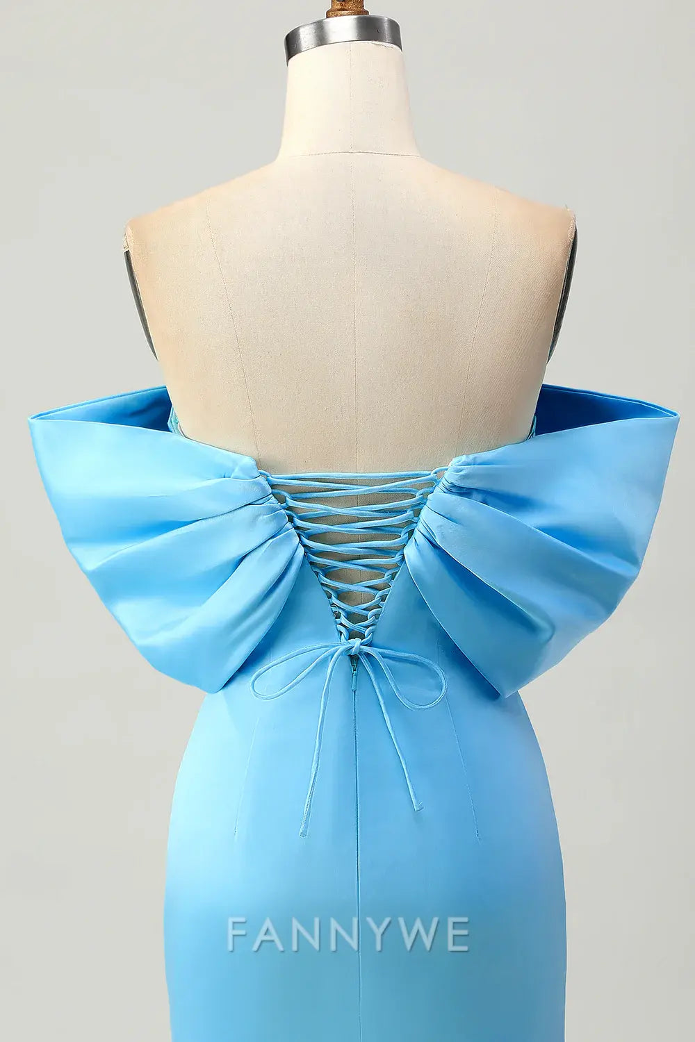 FannyWe Elegant Sparkly Blue Tight Satin Off the Shoulder Short Homecoming Dress with Bow formal wear dresses