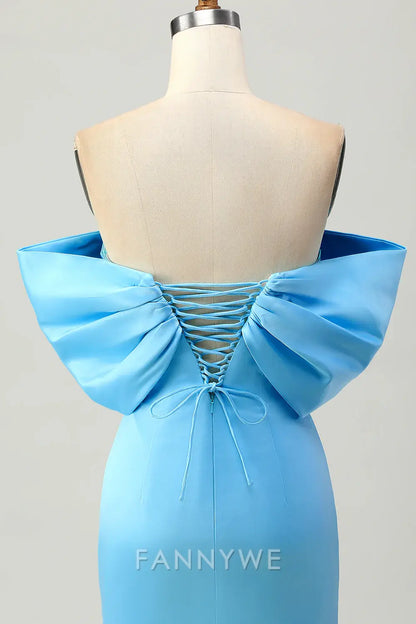 FannyWe Elegant Sparkly Blue Tight Satin Off the Shoulder Short Homecoming Dress with Bow formal wear dresses