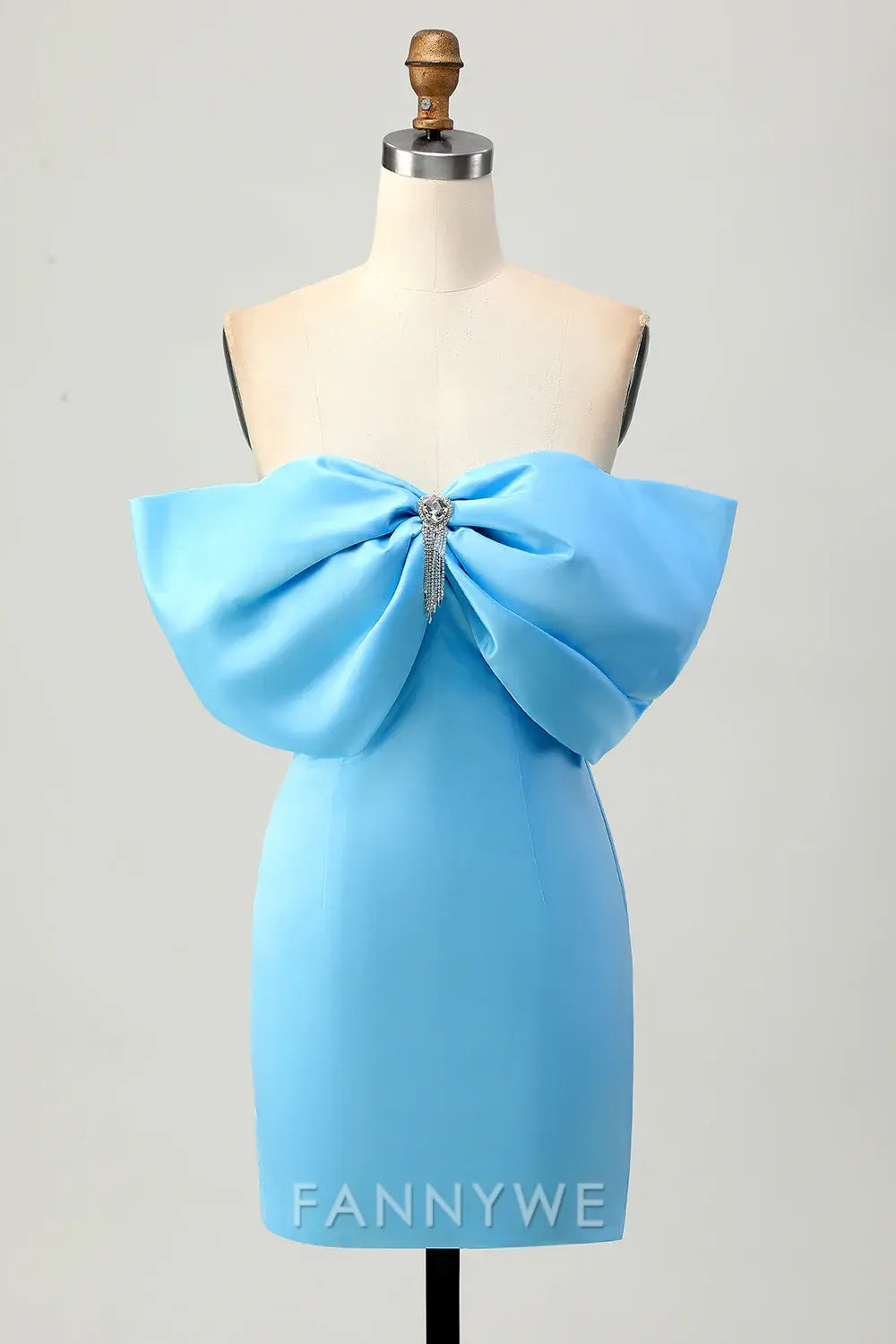 FannyWe Elegant Sparkly Blue Tight Satin Off the Shoulder Short Homecoming Dress with Bow formal wear dresses