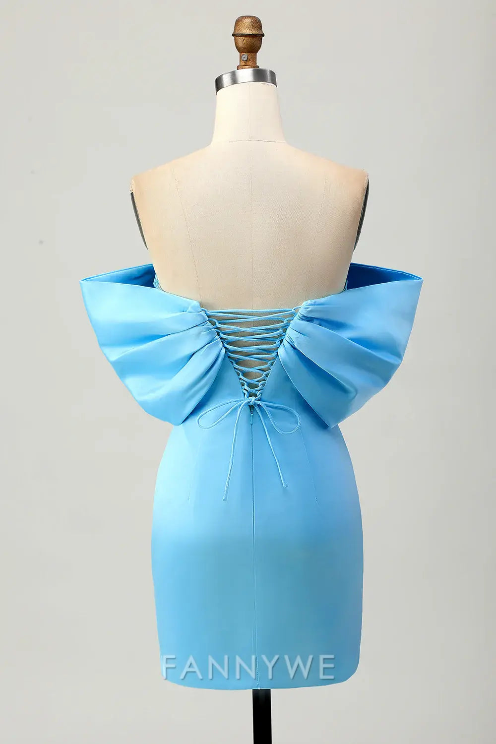 FannyWe Elegant Sparkly Blue Tight Satin Off the Shoulder Short Homecoming Dress with Bow formal wear dresses